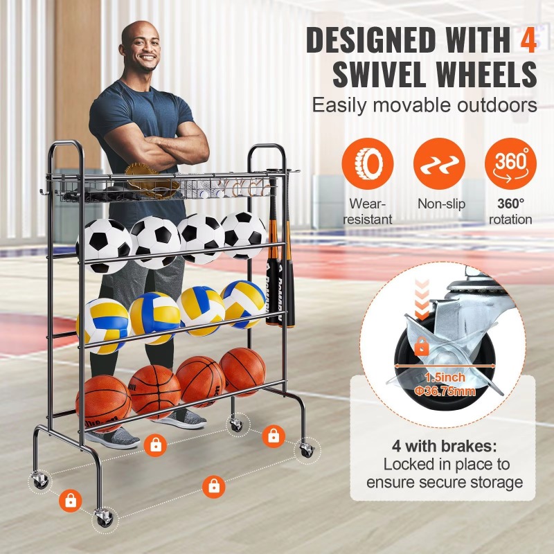 حامل كرة سلة متحرك من 4 طبقات، - مراجعة Sports Equipment Garage Storage وسعره